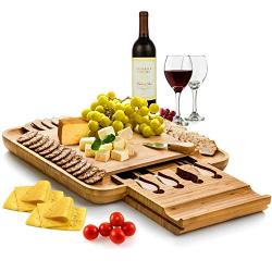 Premium Bamboo Cheese Board Set - BAMBÜSI Charcuterie Board Platter and Knife Set with Hidden Slid-Out Drawer - Perfect Christmas Gift Idea